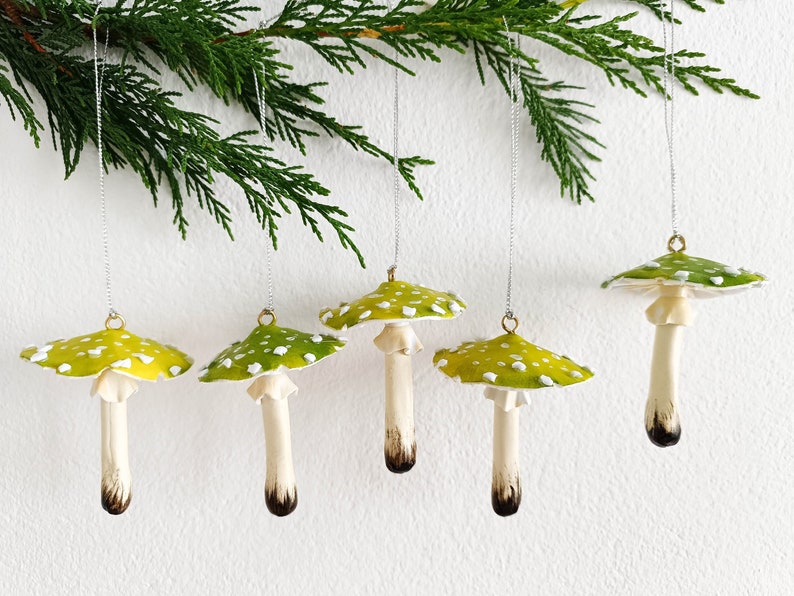 Magic mushroom ornament set of 5 psc, Amanita mushroom for christmas tree charm. image 1