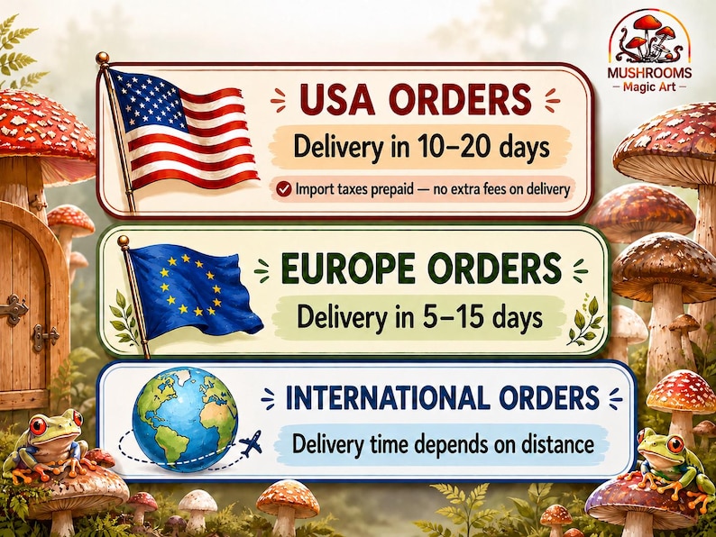 USA orders: delivery in 10–20 days, import taxes prepaid, no extra fees on delivery. Europe orders: delivery in 5–15 days. International delivery time depends on distance.