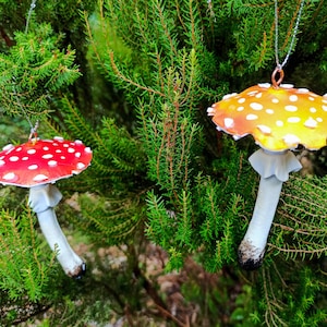 Yellow fnd red mushrooms for christmas tree decor.