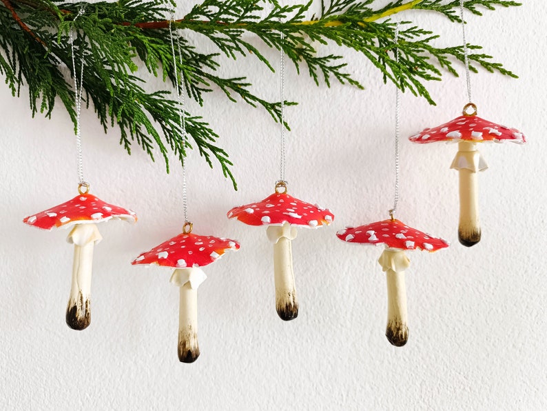 Magic mushroom ornament set of 5pcs. Red mushrooms for christmas tree decor.