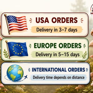 Shipping information: USA delivery in 3–7 days, Europe delivery in 5–15 days, international delivery times depend on destination.