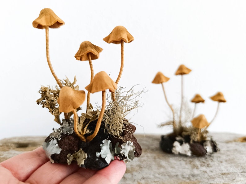 Mushroom decor Amanita, toadstools. Miniature composition of Tan mushrooms.