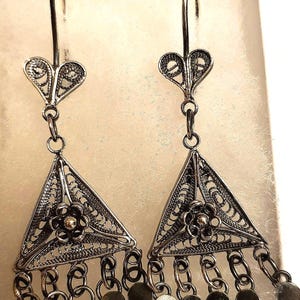 Handmade Fine Oxidized Silver Pyramid Earrings with Flower & Bells Earrings.