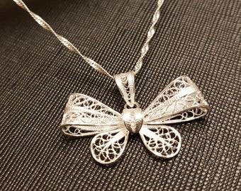Bow Necklace aka Ribbon Necklace Handmade on Genuine 925 Sterling Silver