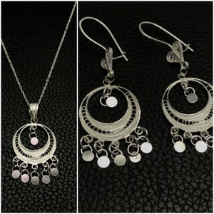 Assyrian Filigree Crescent Moon Necklace and Earrings Jewelry Set for Women  925 Sterling Silver Celestial / New Moon Jewelry Set with Bells