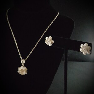 Flower Necklace and Earrings Jewelry Set on Genuine 925 Sterling Silver Handmade