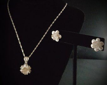 Flower Necklace and Earrings Jewelry Set on Genuine 925 Sterling Silver Handmade