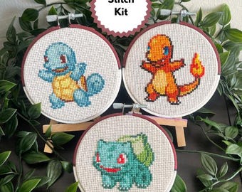 Kit de punto de cruz de inicio de Pokémon de Kanto con aro de Poké Ball pintado a mano