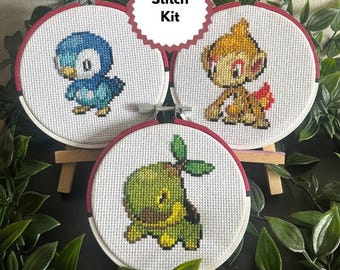 Kit de punto de cruz de Pokémon Sinnoh con aro de Pokéball pintado a medida