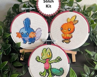 Kit de punto de cruz de inicio de Pokémon de Hoenn con aro de Pokéball pintado a medida
