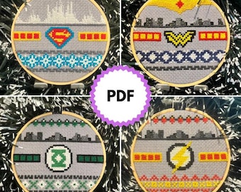 Patrón de punto de cruz para adorno navideño de superhéroe de DC, diseño de suéter feo (descarga en PDF)