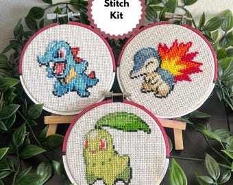 Kit de punto de cruz de Pokémon Johto con aro de Poké Ball pintado a mano