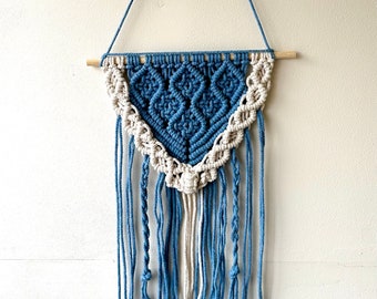 Macrame wall hanging blue and white, fabric wall hanging uk, over the bed wall art, boho wall decor, Scandinavian wall decor, new home gift