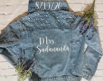 Peal Denim Jacket, Bride Denim Jacket, Mrs. Jacket, Custom Jean Jacket, Wedding Gift, Bridal Shower, Baby Shower, Bride, Pearl Jacket