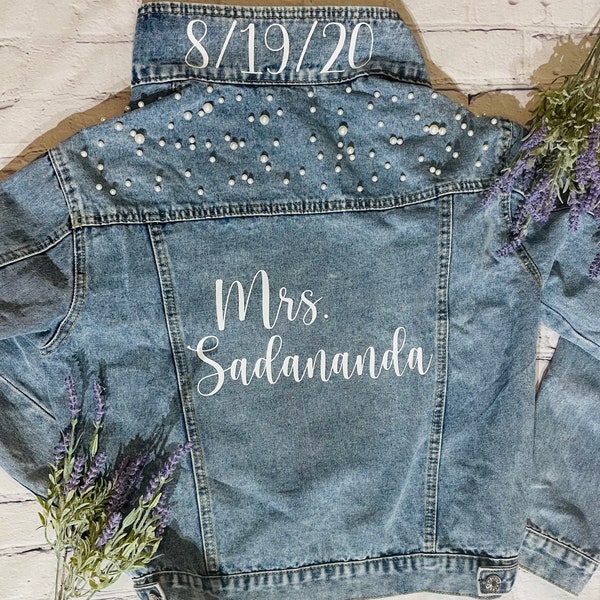 Peal Denim Jacket, Bride Denim Jacket, Mrs. Jacket, Custom Jean Jacket, Wedding Gift, Bridal Shower, Baby Shower, Bride, Pearl Jacket