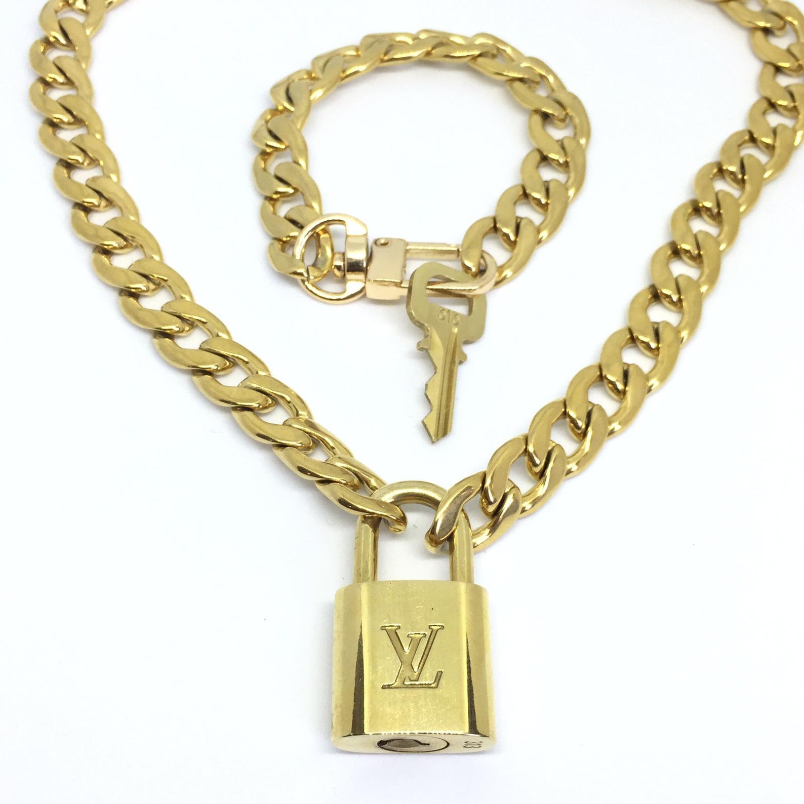 Authentic Louis Vuitton Set Lock Cuban Chain Necklace with Key Etsy