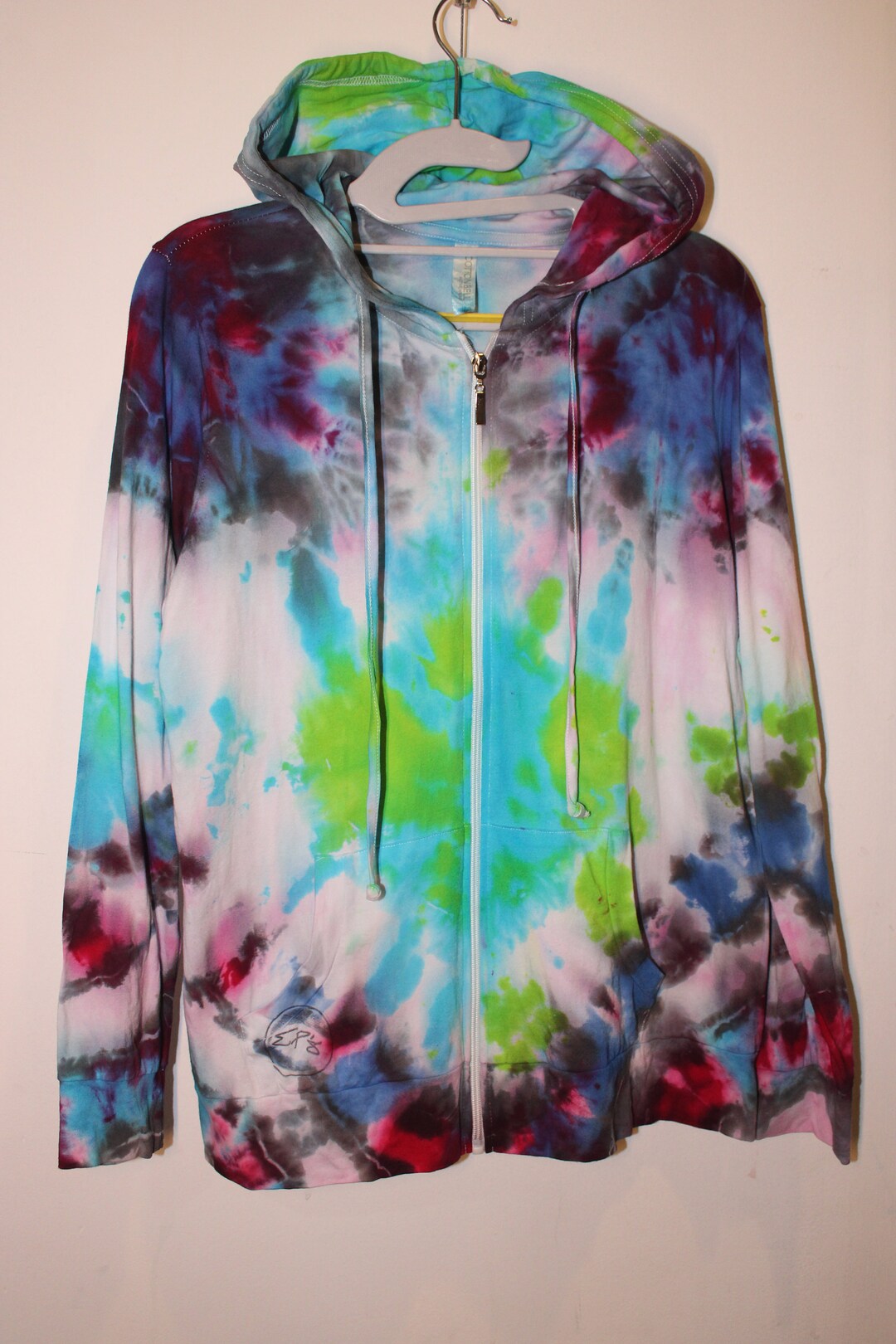 Pull Hoodie Brooklyn Cloth Co Taille XL – Gris, Tie-dye, Motif Smiley 'Have A Belle Day'