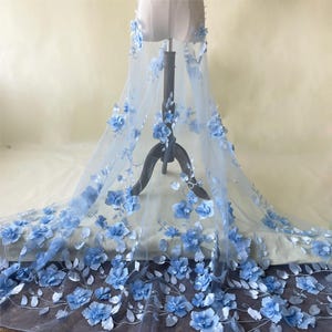 Blue 3D Flower Lace Fabric Solft Tulle Lace Mesh Sewing on for DIY Costume Dress Girl Gown Wedding Bridal Dress