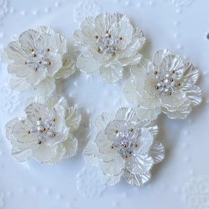 May include: Five white, translucent flower embellishments with layered petals and crystal and gold bead centres. The flowers are arranged in a circular pattern on a white, textured surface. Ideal for crafts or decorations.