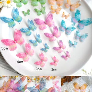 Op de afbeelding: Een verzameling kleurrijke, doorschijnende vlinderdecoraties in verschillende maten. Vlinders in roze, blauwe, groene en oranje tinten, met strass accenten. Maten zijn aangegeven als 2cm, 3cm, 4cm en 5cm. De vlinders zijn gerangschikt op een wit oppervlak.