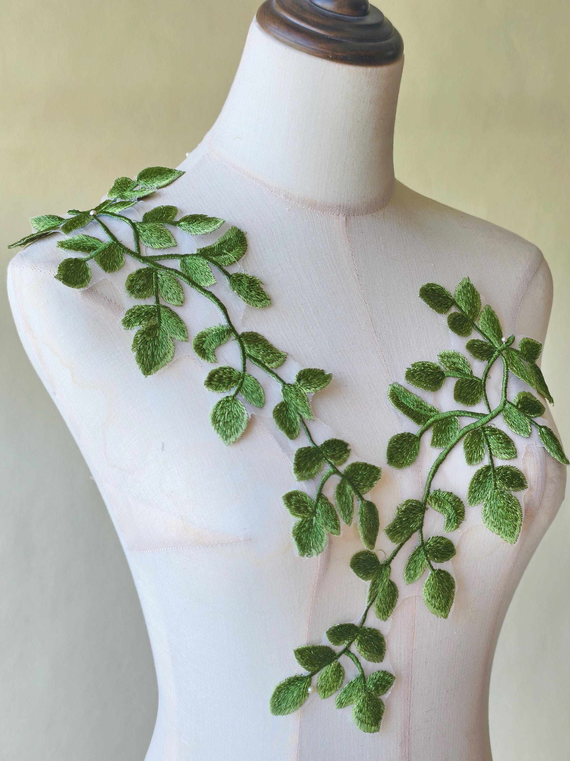 Green Vine Embroidery Lace Applique: Forest Leaf Patches, DIY Costume Dress