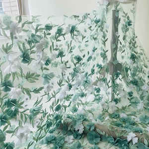 Green 3D Flower Lace Fabric Solft Lace Mesh Sewing on for DIY Costume Dress  Girl Gown Wedding Bridal Dress