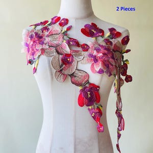 May include: Two floral embroidered appliques. The appliques feature a design of pink, red, and purple flowers with green and yellow accents. The appliques are displayed on a white mannequin. The text "2 Pieces" is visible in the upper right corner.