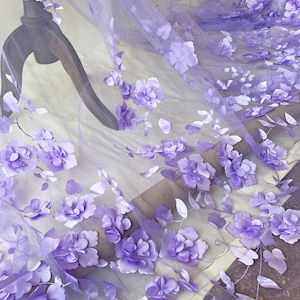 Purple 3D Flower Lace Fabric Solft Tulle Lace Mesh Sewing on for DIY Costume Dress Girl Gown Wedding Bridal Dress