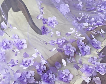 Purple 3D Flower Lace Fabric: Soft Tulle Mesh, DIY Costume Dress