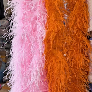Pode incluir: Duas boás de penas longas e fofas penduradas verticalmente lado a lado. Uma boá é de uma cor rosa pastel suave e clara, e a outra boá é de uma cor laranja vibrante e saturada. Ambos os itens apresentam penas longas, finas e delicadas.