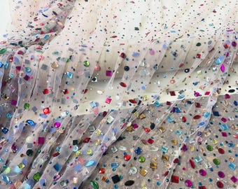 Beaded Floral Lace Fabric: Colorful Embroidery for DIY Dress, Gown - Sold by the Yard