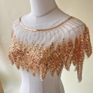 Aplique de encaje con lentejuelas doradas y cuentas, capa nupcial de lujo para hombros, parche bordado brillante para adorno de vestido de fiesta de alta costura DIY.