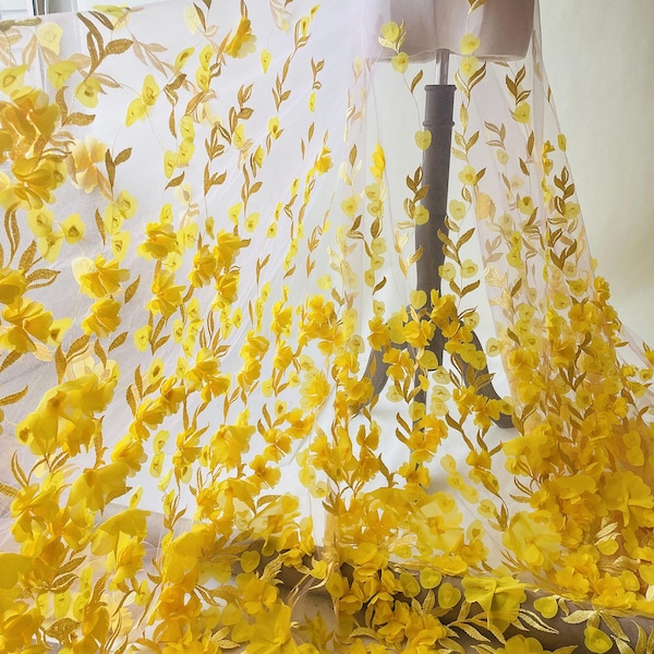 Yellow 3D Flower Lace Fabric Solft Lace Mesh Sewing on for DIY Costume Dress  Girl Gown Wedding Bridal Dress