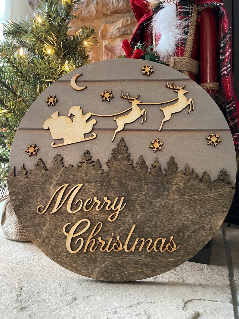 Santa Christmas Sign, Reindeer, Santa Flying Through Night, Tree Scenes, Christmas Eve, Door Hanger image 1