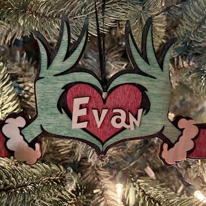 Grinch Heart Hands Ornament, Grinch Ornament, Personalized Grinch, The Grinch, Stocking Tag, Christmas Decor Christmas Sign Grinch Decor