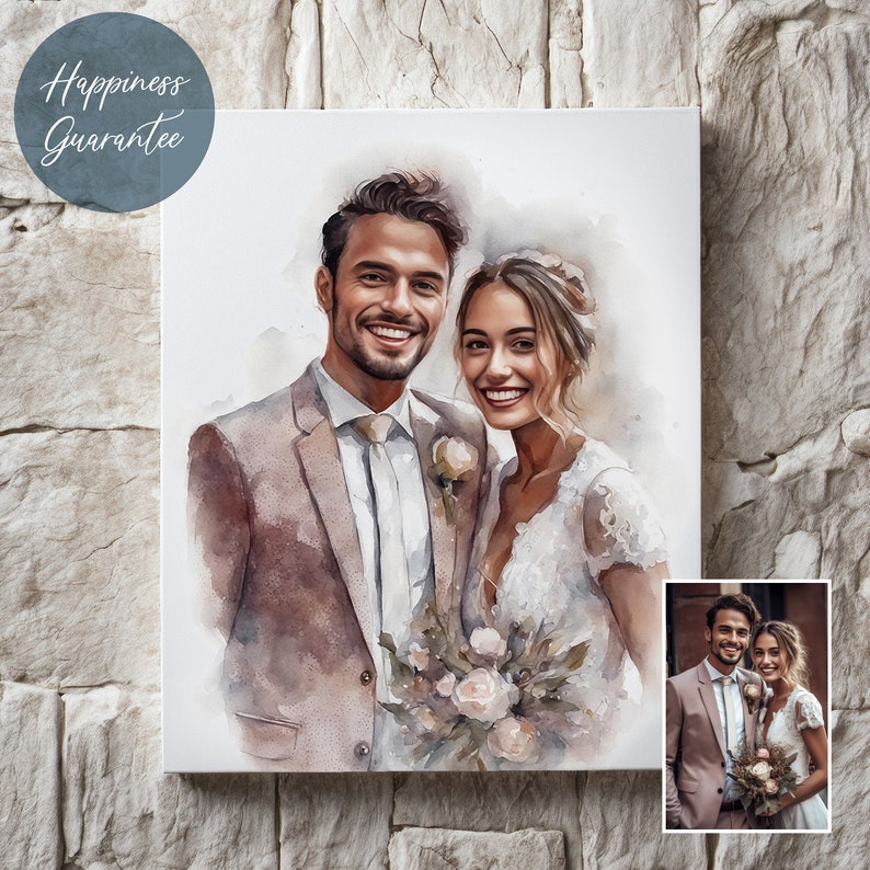 K&ouml;nnte beinhalten: Ein Aquarellgem&auml;lde eines Paares in Hochzeitskleidung. Der Br&auml;utigam tr&auml;gt einen braunen Anzug und die Braut ein wei&szlig;es Kleid. Beide l&auml;cheln und halten einen Blumenstrau&szlig;.