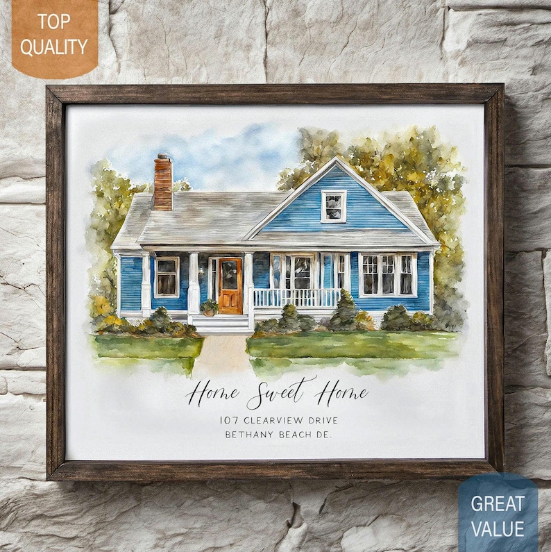 Custom watercolor portrait illustration of a house from a photo