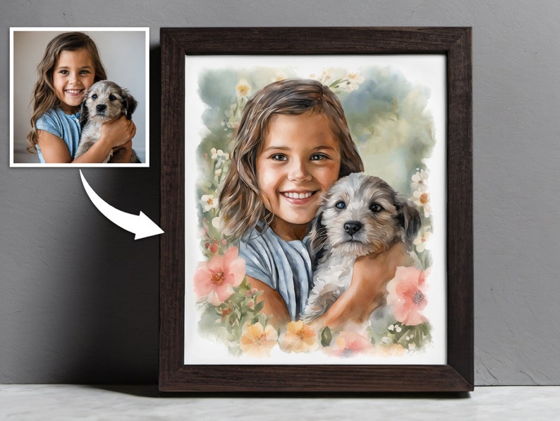 K&ouml;nnte beinhalten: Ein Aquarellbild eines jungen M&auml;dchens mit langen braunen Haaren, das l&auml;chelt und einen kleinen Hund h&auml;lt. Das M&auml;dchen tr&auml;gt ein hellblaues Hemd und der Hund ist wei&szlig; und braun. Das Bild ist von Blumen umgeben.