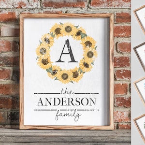 last name sign, family name sign, custom name sign, framed name sign, custom wood sign, sunflower sign, sunflower decor, rustic name sign