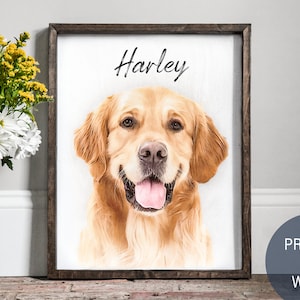 Pode incluir: Uma impress&atilde;o emoldurada de um c&atilde;o golden retriever com o nome "Harley" escrito em preto acima da cabe&ccedil;a do c&atilde;o. A impress&atilde;o est&aacute; em um fundo de madeira e tem uma moldura marrom r&uacute;stica.
