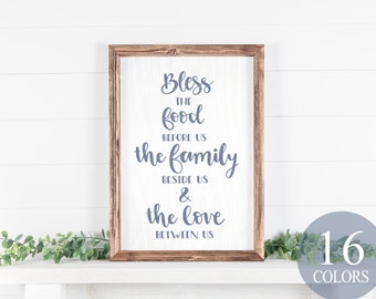 bless the food, farmhouse dining room, country dining room, dining room sign, dining decor, the family beside us, the love between us, decor