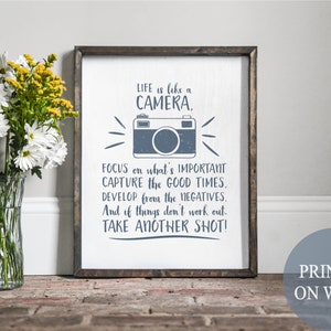 May include: A framed wood sign with a white background and blue text. The sign reads "LIFE is like a CAMERA, FOCUS on what's IMPORTANT CAPTURE the GOOD TIMES. DEVELOP from the NEGATIVES. And if things don't work out. TAKE ANOTHER SHOT!"  The sign also features a blue silhouette of a camera with a flash.