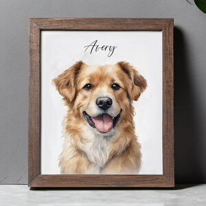 K&ouml;nnte beinhalten: Ein gerahmter Druck eines Golden Retriever Hundes mit dem Namen Avery, der in Kursivschrift &uuml;ber dem Kopf des Hundes geschrieben ist.