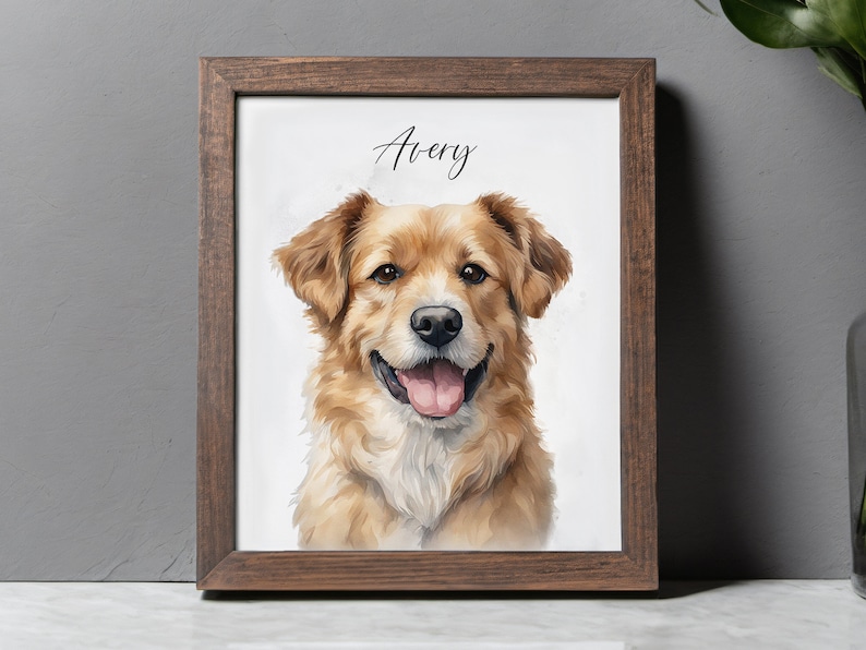 K&ouml;nnte beinhalten: Ein gerahmter Druck eines Golden Retriever Hundes mit dem Namen Avery, der in Kursivschrift &uuml;ber dem Kopf des Hundes geschrieben ist.