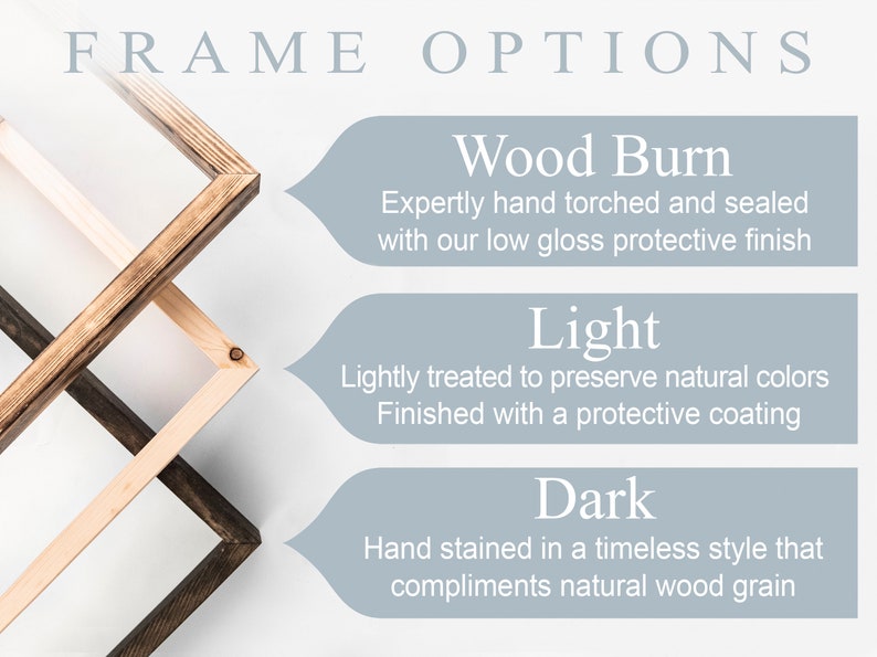 May include: Three wooden picture frames in different finishes: wood burn, light, and dark. The frames are stacked on top of each other, with the wood burn frame on top. The text "FRAME OPTIONS" is at the top of the image.