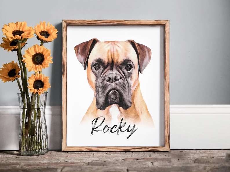 Pode incluir: Uma pintura em aquarela de um c&atilde;o Boxer marrom e bege com o nome "Rocky" escrito abaixo. A pintura &eacute; emoldurada em uma moldura de madeira marrom clara.