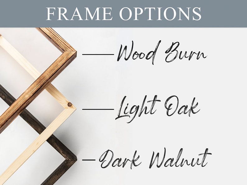 K&ouml;nnte beinhalten: Das Bild zeigt drei Holzrahmenoptionen: Wood Burn, Light Oak und Dark Walnut. Die Rahmen sind in einem geometrischen Muster angeordnet, wobei die verschiedenen Holzt&ouml;ne sichtbar sind. Der Text oben lautet "RAHMENOPTIONEN".