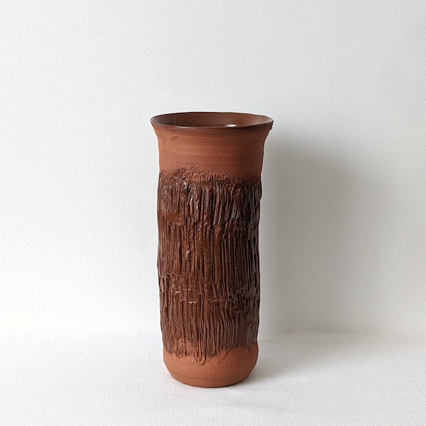 tall terracotta clay vase | textured sculpted glaze | mid century vessel