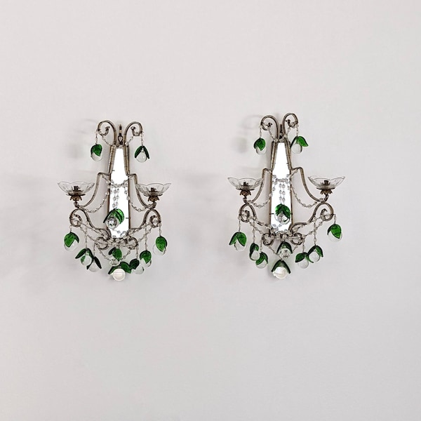 pair of murano wall sconces | macaroni beaded chandeliers | emerald green glass fruits & brass leaves