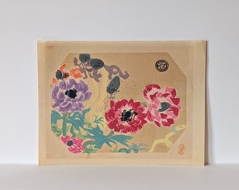 japanese woodblock | purple & pink anemones | eiichi kotozuka